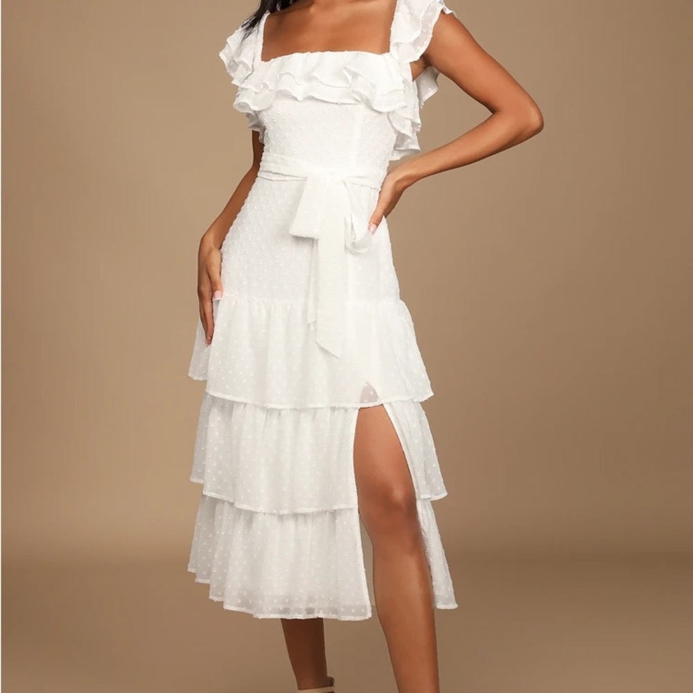 Lulus Dear to My Heart White Swiss Dot Tiered Ruffled Midi Dress